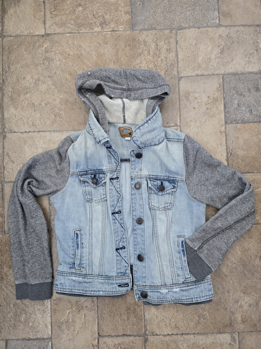 American Eagle Outfitters hybrid denim jacket featuring heather gray knit sleeve